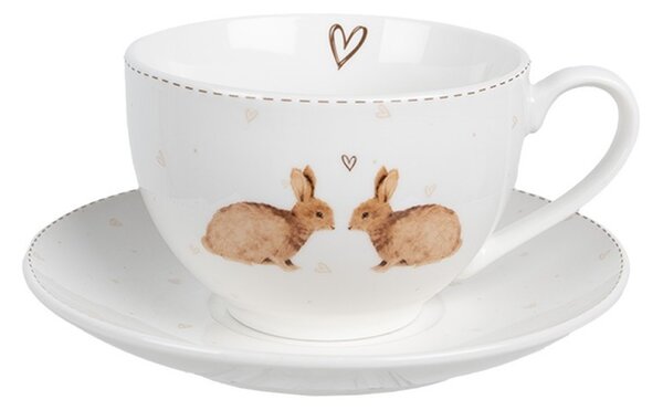 Šálka ​​s tanierikom s zajačikmi a srdiečkami Bunnies in Love - 12*9*6 cm / Ø 14*2 cm / 250 ml - Clayre & Eef