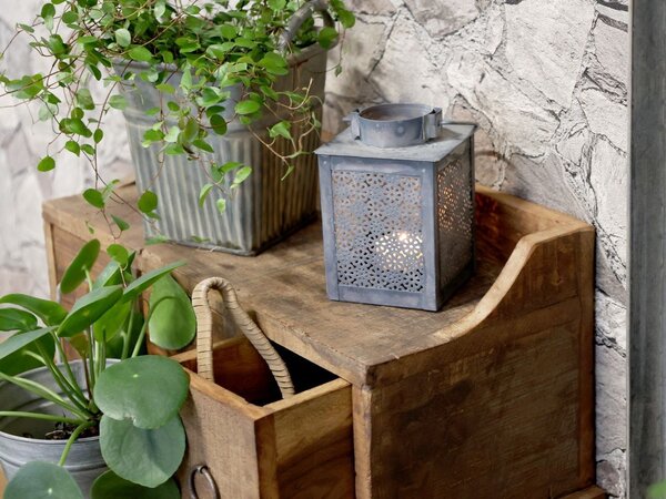 Sivá plechová antik lampáš s kvetmi Flower - 8,5 *8,5*12 cm - Chic Antique