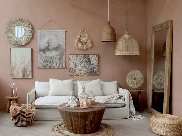 Nástenná dekorácia z palmových listov a korálky na kruhu - 46*4*51 cm - Chic Antique