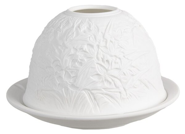 Biely porcelánový svietnik na čajovú sviečku s kvetinami a vtáčikmi Paollo - Ø 12*8 cm - Clayre & Eef
