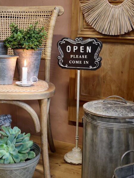 Čierno-béžová antik liatinová ceduľa Open/ Closed na nohe – 25*15*70 cm - Chic Antique