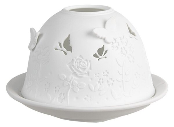 Biely porcelánový svietnik na čajovú sviečku s motýlikmi a ružami Paollo - Ø 12*8 cm - Clayre & Eef