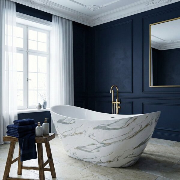 Rea Ferrano Slim, voľne stojaca vaňa 170x73 cm, imitácia kameňa, biely click-clack, REA-W0505