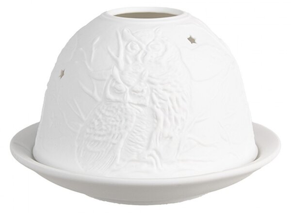 Biely porcelánový svietnik na čajovú sviečku so sovami Paollo - Ø 12 * 8 cm - Clayre & Eef