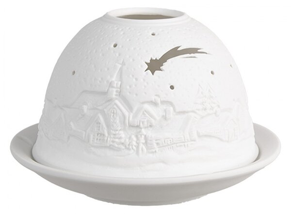 Biely porcelánový svietnik na čajovú sviečku s vianočnou dedinkou Paollo - Ø 12 * 8 cm - Clayre & Eef