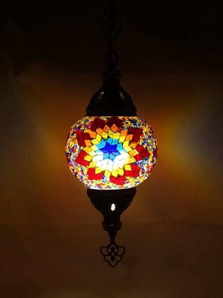 Východoázijská mozaiková závesná lampa v mnohých farbách – turecká lampa s motívom hviezd, ručne vyrobená, výška 78 cm