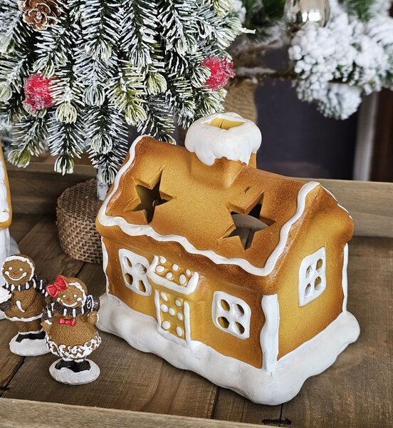 Keramický svietnik perníková chalúpka Gingerbread House - 11 * 8 * 10 cm - Clayre & Eef