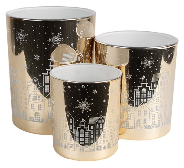 Set 3ks zlatý sklenený svietnik s domčekmi - Ø 7*8 / Ø 9*10 / Ø 10*12 cm - Clayre & Eef