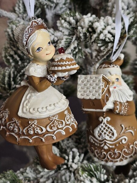 2ks hnedá vianočná ozdoba perníčkový Santa so Santovou - 9*7*13 cm / 8*6*13 cm - Clayre & Eef