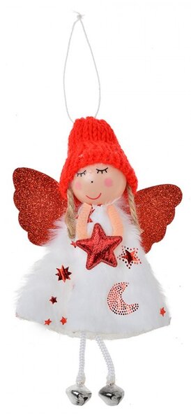 Bielo-červená látková závesná dekorácia anjel s hviezdičkou - 8*3*15 cm - Clayre & Eef