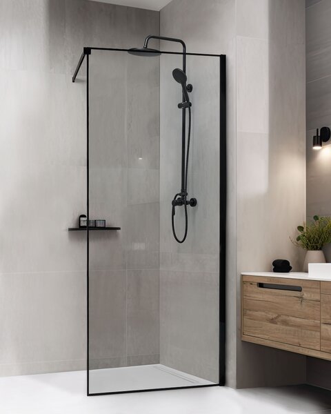 Sprchová zástena čierna z tvrdeného skla 80 x 190 cm rám z nerezovej ocele bezdverový bezbariérový sprchovací kút moderný štýl kúpeľňa