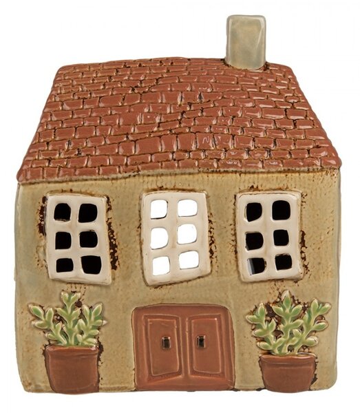 Hnedý keramický svietnik na čajovú sviečku domček Amster Village - 17*10*19 cm - Clayre & Eef