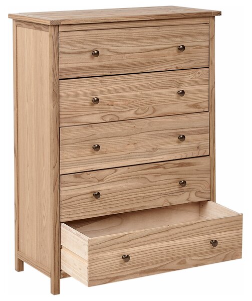 Komoda svetlé prírodné drevo s 5 zásuvkami 85 cm nábytok do spálne rustikálny dizajn