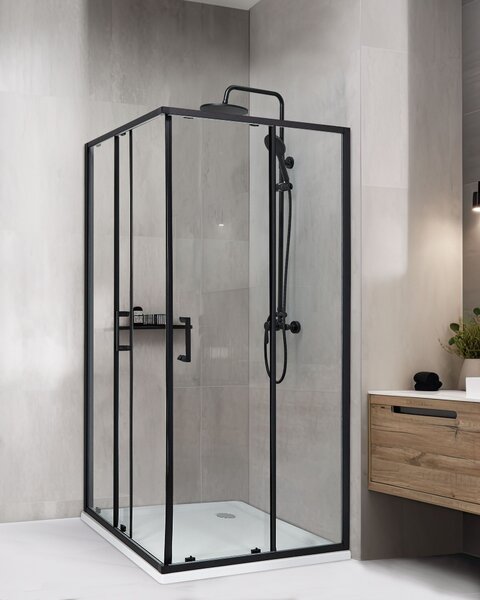 Sprchovací kút čierny tvrdené sklo hliník 90 x 90 x 185 cm štvorcový tvar dvojité posuvné dvere moderný dizajn kúpeľňa