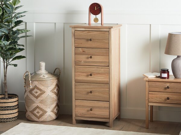 Komoda svetlé prírodné drevo s 5 zásuvkami 50 cm nábytok do spálne rustikálny dizajn
