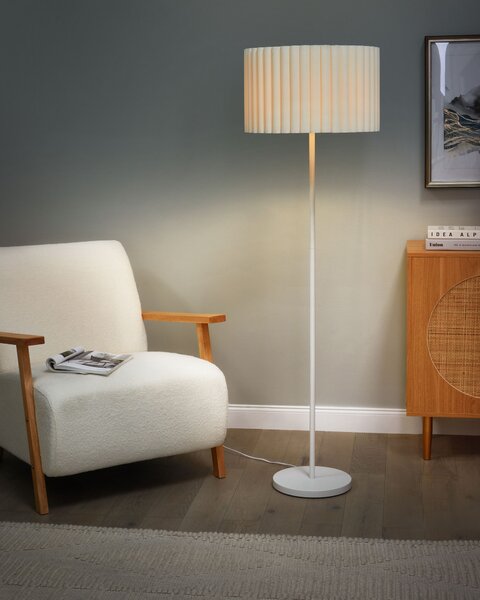 Stojaca lampa krémová biela polyesterové terylénové tienidlo biely kovový podstavec 154 cm spálňa obývacia izba retro klasický štýl