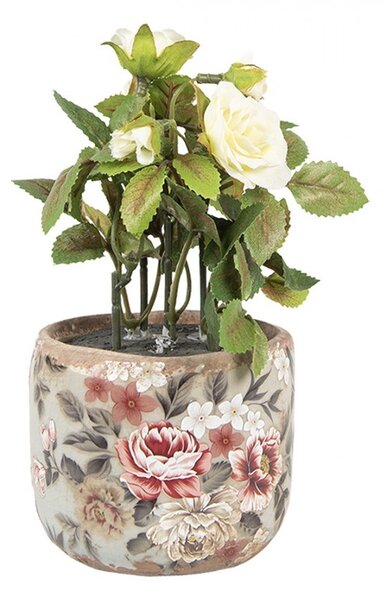 Zelený keramický dekoračný kvetináč s kvetmi Floria XS - Ø 8*7 cm - Clayre & Eef