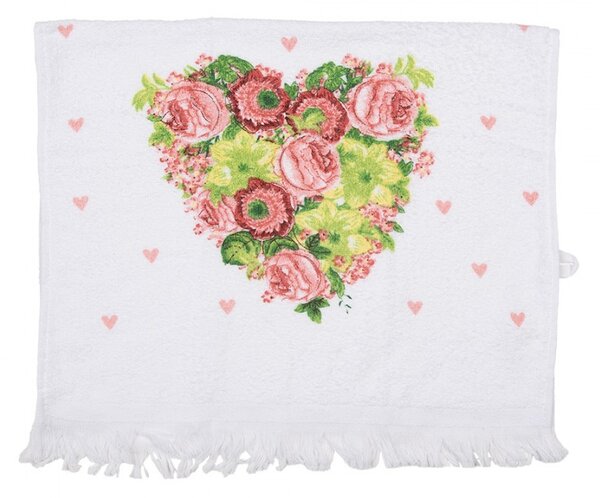 Biely kuchynský froté uterák so srdiečkom z kvetov - 40*66 cm - Clayre & Eef