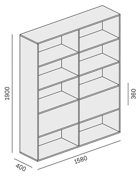 Široký kancelársky policový regál LAYERS, 2 boxy, 1582 x 400 x 1905, biela