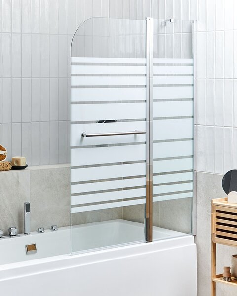 Sprchová zástena na vaňu s dvierkami strieborná priehľadná matné tvrdené sklo hliník nehrdzavejúca oceľ 140 x 100 cm minimalistický dizajn