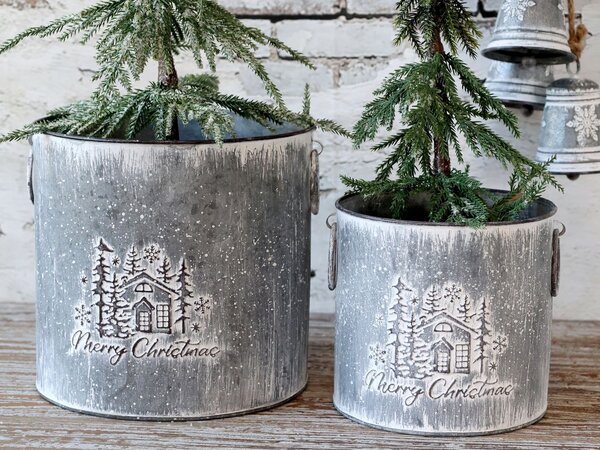 Dekoračný plechový antik kvetináč Merry Christmas - Ø 15*16 cm - Chic Antique