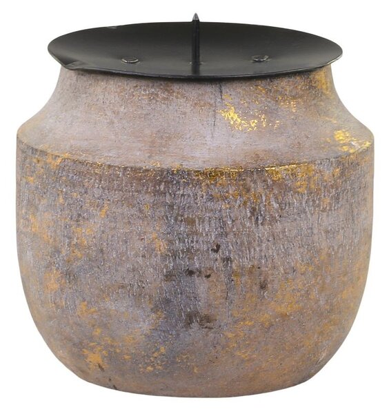 Zlato-prírodný antik drevený svietnik na stĺpovitú sviečku - Ø 9*8 cm - Chic Antique