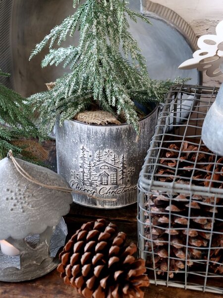 Dekoračný plechový antik kvetináč Merry Christmas - Ø 15*16 cm - Chic Antique