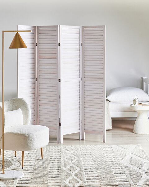 Skladací paraván krémová biela topoľové drevo 4 panely moderný retro štýl deliaca stena doplnky