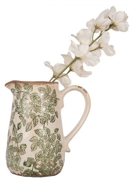Béžový keramický džbán so zelenými kvetmi Flora M - 16*12*18 cm - Clayre & Eef