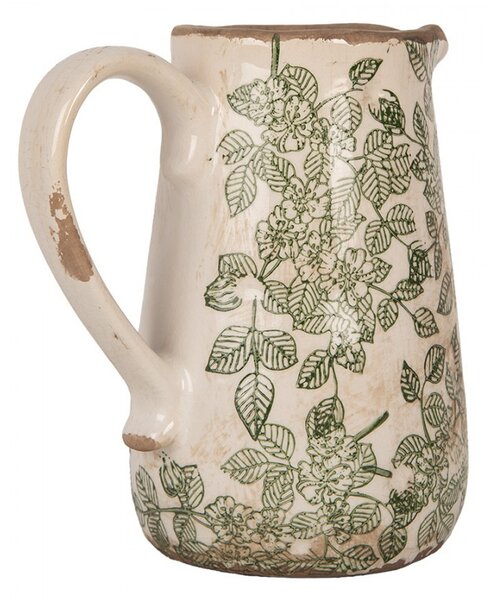 Béžový keramický džbán so zelenými kvetmi Flora M - 16*12*18 cm - Clayre & Eef