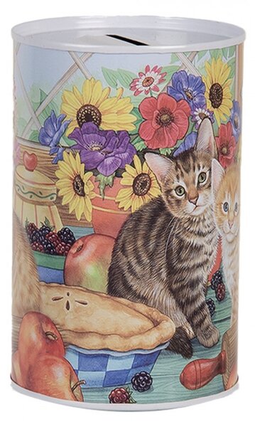 Farebná plechová dóza pokladnička s mačkami - Ø 10*15 cm - Clayre & Eef