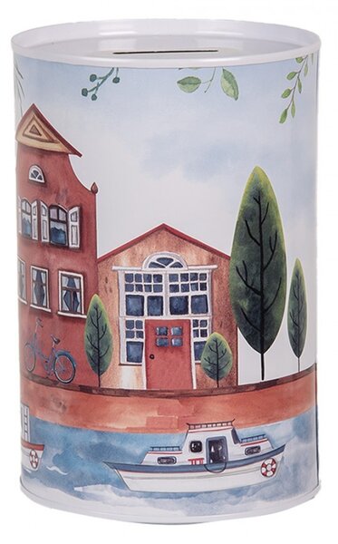 Plechová dóza pokladnička s domčekmi Amsterdam - Ø 10*15 cm - Clayre & Eef