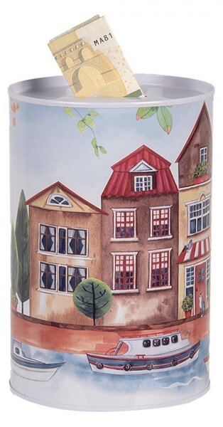 Plechová dóza pokladnička s domčekmi Amsterdam - Ø 10*15 cm - Clayre & Eef