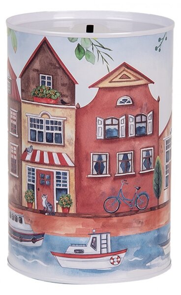 Plechová dóza pokladnička s domčekmi Amsterdam - Ø 10*15 cm - Clayre & Eef