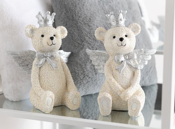 2ks béžová dekorácia medveď so striebornými krídlami - 18*11*15 cm - J-Line by Jolipa