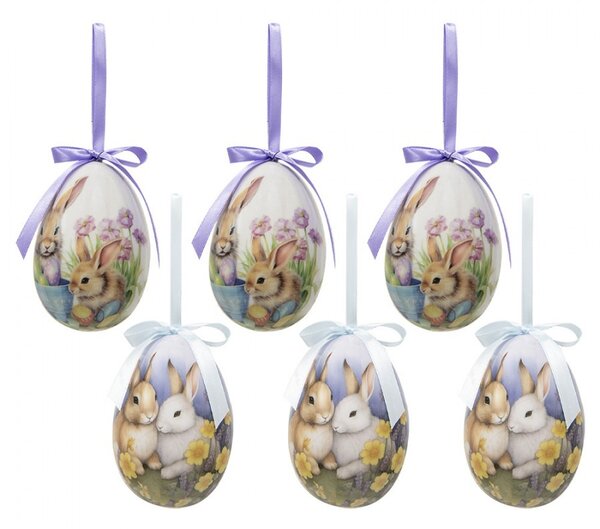 6ks dekorácie závesné vajíčko s zajačikmi Spring Egg - Ø 7*10 cm - Clayre & Eef