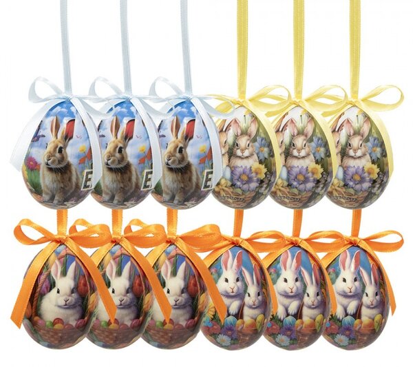 12ks dekorácia závesné vajíčko s zajačikmi Spring Egg - Ø 4*5 cm - Clayre & Eef