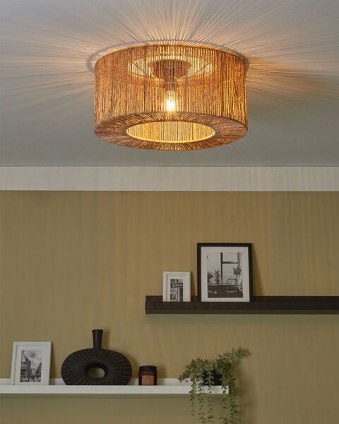 Stropná lampa prírodná jutová okrúhle tienidlo železná konštrukcia boho svietidlo obývacia izba spálňa chodba