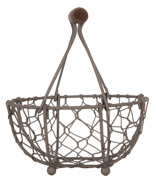 Hnedý drôtený dekoračný košík s dreveným držadlom - Ø 14*7/17 cm - Clayre & Eef