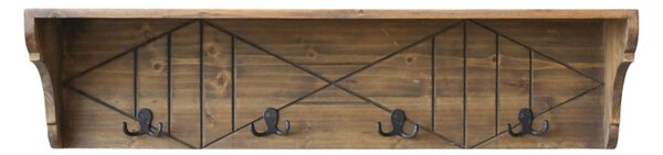Hnedá antik drevená polička so 4 háčikmi Hooks - 91*20*23 cm - Chic Antique