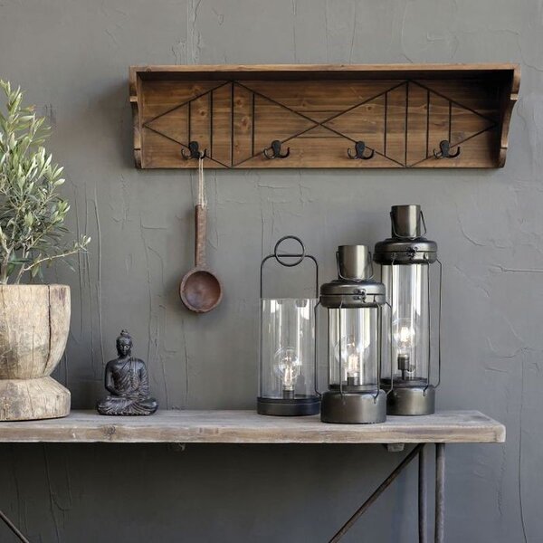 Hnedá antik drevená polička so 4 háčikmi Hooks - 91*20*23 cm - Chic Antique