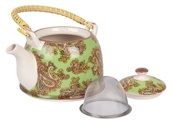 Zelená kanvička s ornamentmi a so sitkom - 18*14*12 cm / 800 ml - Clayre & Eef