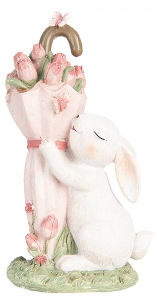 Dekorácia zajačik s ružovým dáždnikom plným tulipánov - 9*7*15 cm - Clayre & Eef