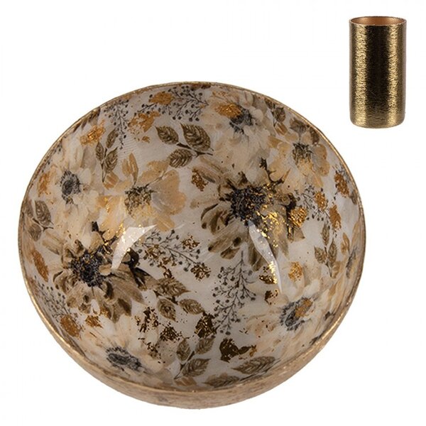 Bielo-zlatý kovový svietnik s béžovými kvetmi Flowers Gold - Ø 8*4 cm - Clayre & Eef
