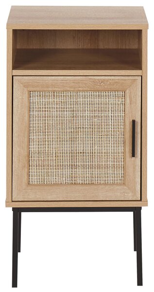 Nočný stolík svetlé drevo prírodné ratanové dvere prútená 77 x 40 cm čierne kovové nohy úložný priestor boho štýl spálňa