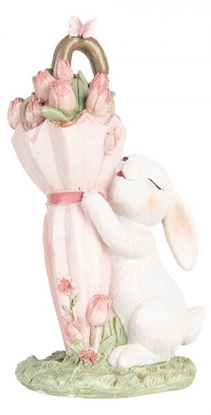 Dekorácia zajačik s ružovým dáždnikom plným tulipánov - 9*7*15 cm - Clayre & Eef