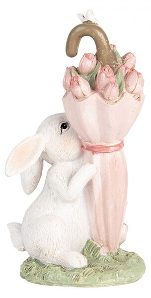 Dekorácia zajačik s ružovým dáždnikom plným tulipánov - 9*7*15 cm - Clayre & Eef
