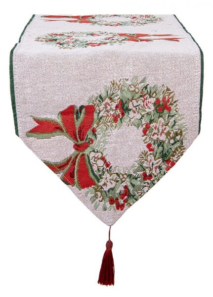 Béžový behúň so strapcom a vianočnými venci Christmas Rustic - 33*180 cm - Clayre & Eef