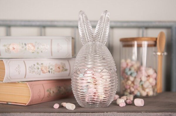 Transparentná sklenená dóza s vekom vajíčko s uškami prútená - Ø 8*17 cm - Clayre & Eef