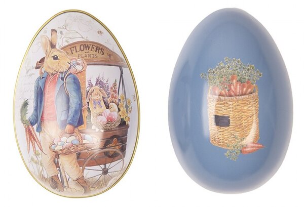 Modrá plechová dóza v tvare vajíčka s králikom Easter Egg - 8*13*8 cm - Clayre & Eef